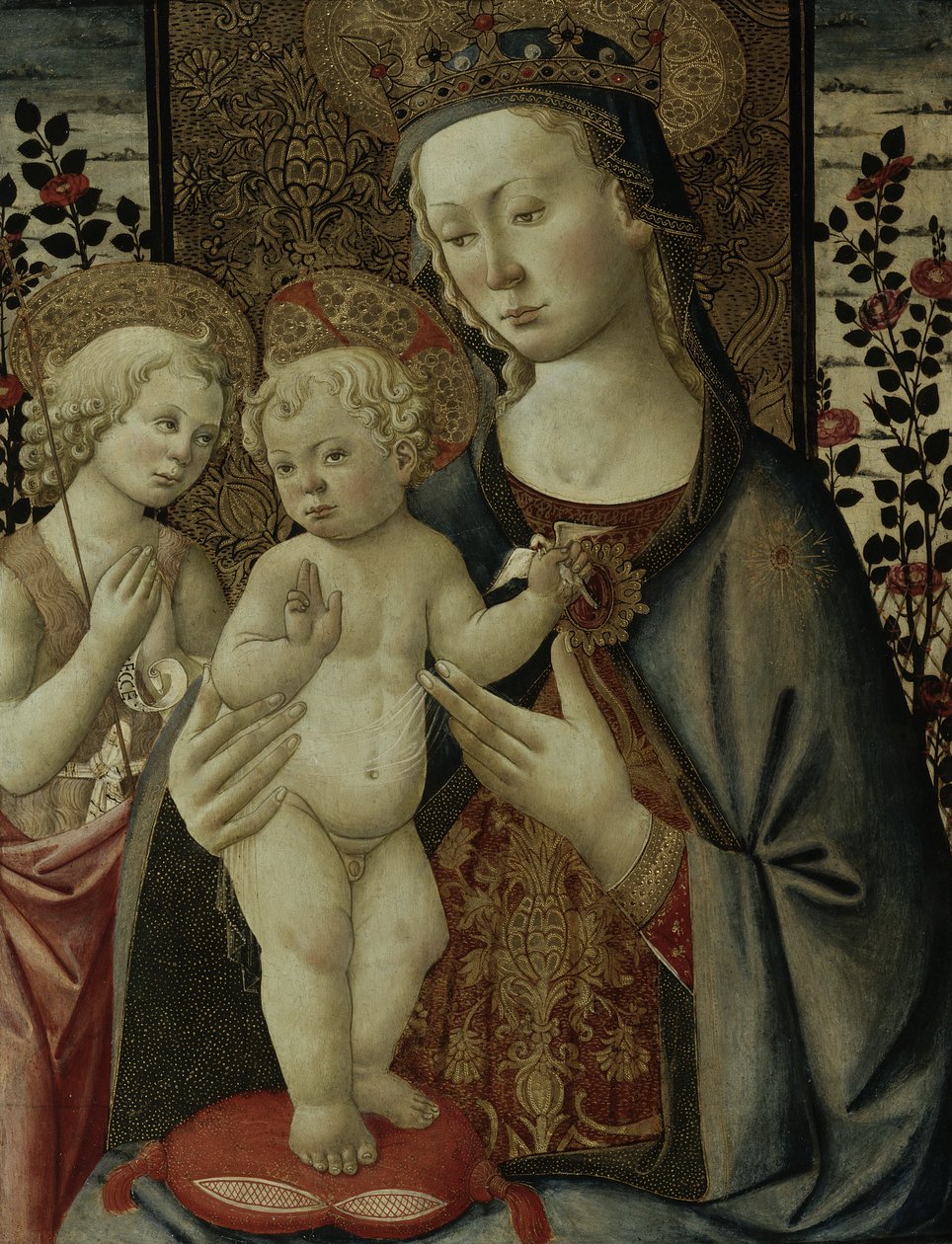 Jomfru og barn med spedbarnet Saint John, ca. 1460 av Master of San Miniato