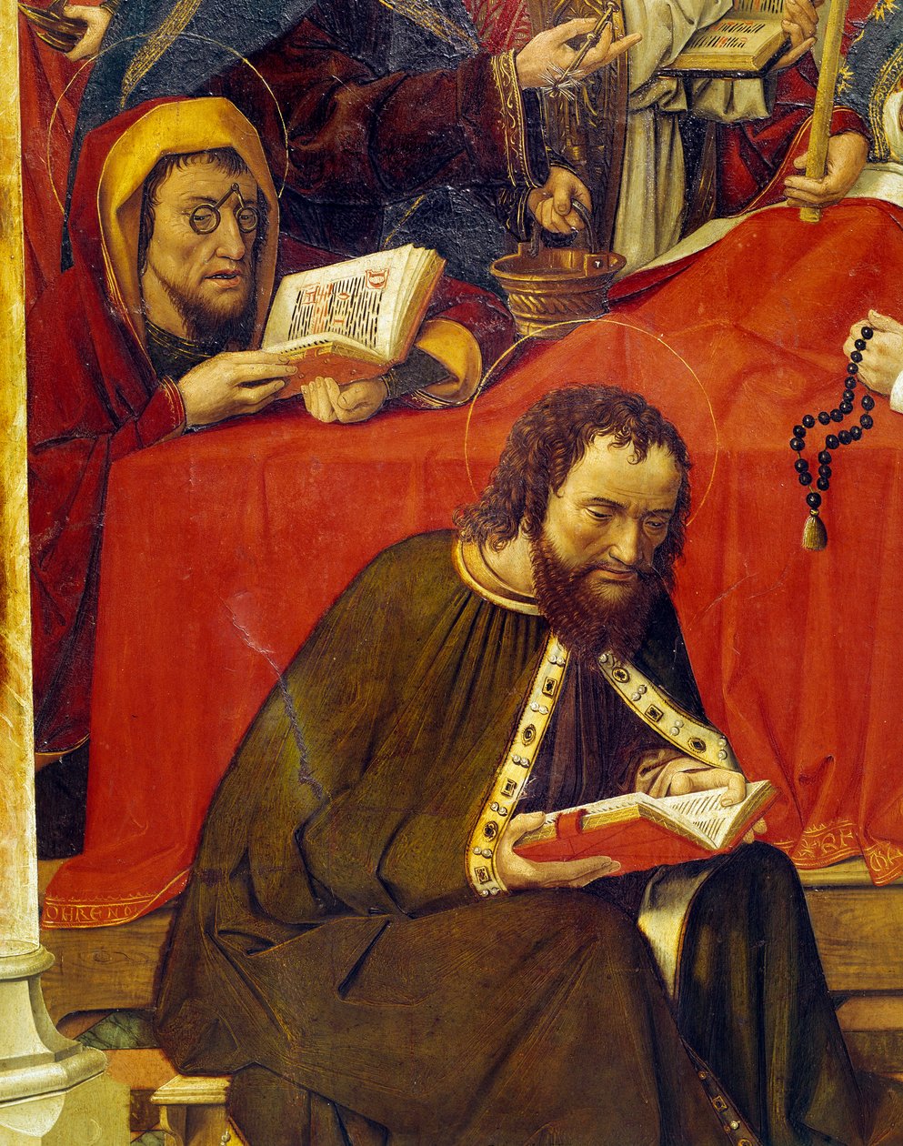 The Death of the Virgin Detalj som viser to helgener som leser bønner. En av dem bruker briller, en annen, ute av feltet, holder en rosenkrans i hånden. Maleri av Mesteren av Santa Maria del Campo (1400-tallet), Lyon, Fine Arts Museum av Master of Santa Maria del Campo