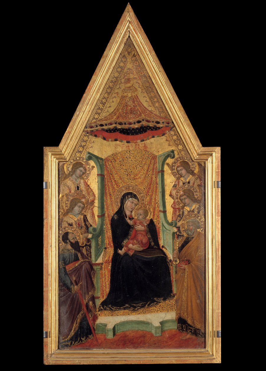Jomfruen i majestet mellom Saint Paul, Saint Peter og fire engler altertavle av mesteren av Santa Maria (1300-tallet). Dimensjon 0,28 x 0,58 m. Avignon, Musee du Petro Palais av Master of Santa Maria di Castello