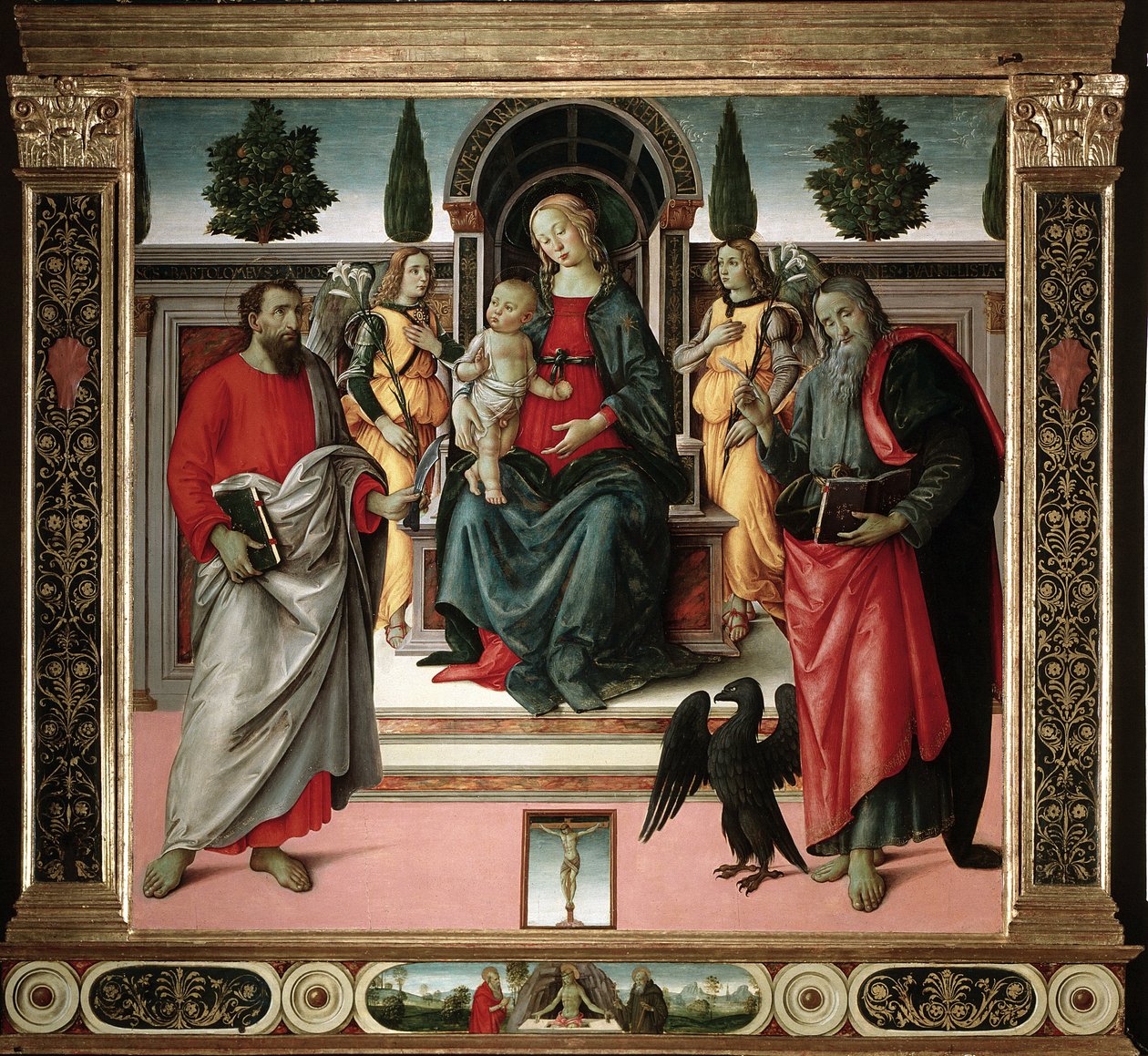 Jomfru med barn med Johannes og Bartolomeus Maleri av mesteren av Santo Spirito (1400-tallet) Firenze, Santo Spiritos kirke, Italia av Master of Santo Spirito