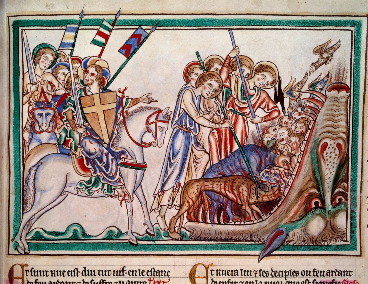 Herren og hans Armee (ost) utfeller Bete og hans tilbedere i helvete. Minatur fra manuskript “” Apocalypse historiee””, Folio 38. 1250. Illumination of the Master of Sarum. Paris, NL av Master of Sarum
