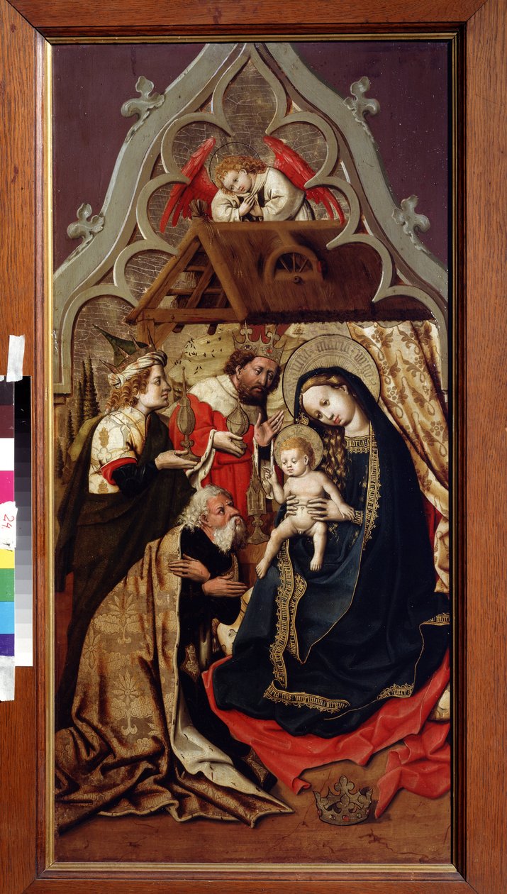 Tilbedelsen av magiene. Tilbedelsen av magiene. Maleri av slottsmesteren i Lichtenstein, østerriksk maler (aktiv fra 1430 til 1450), rundt 1440. Olje på tre. Pushkin Museum of Fine Arts, Moskva av Master of Schloss Lichtenstein