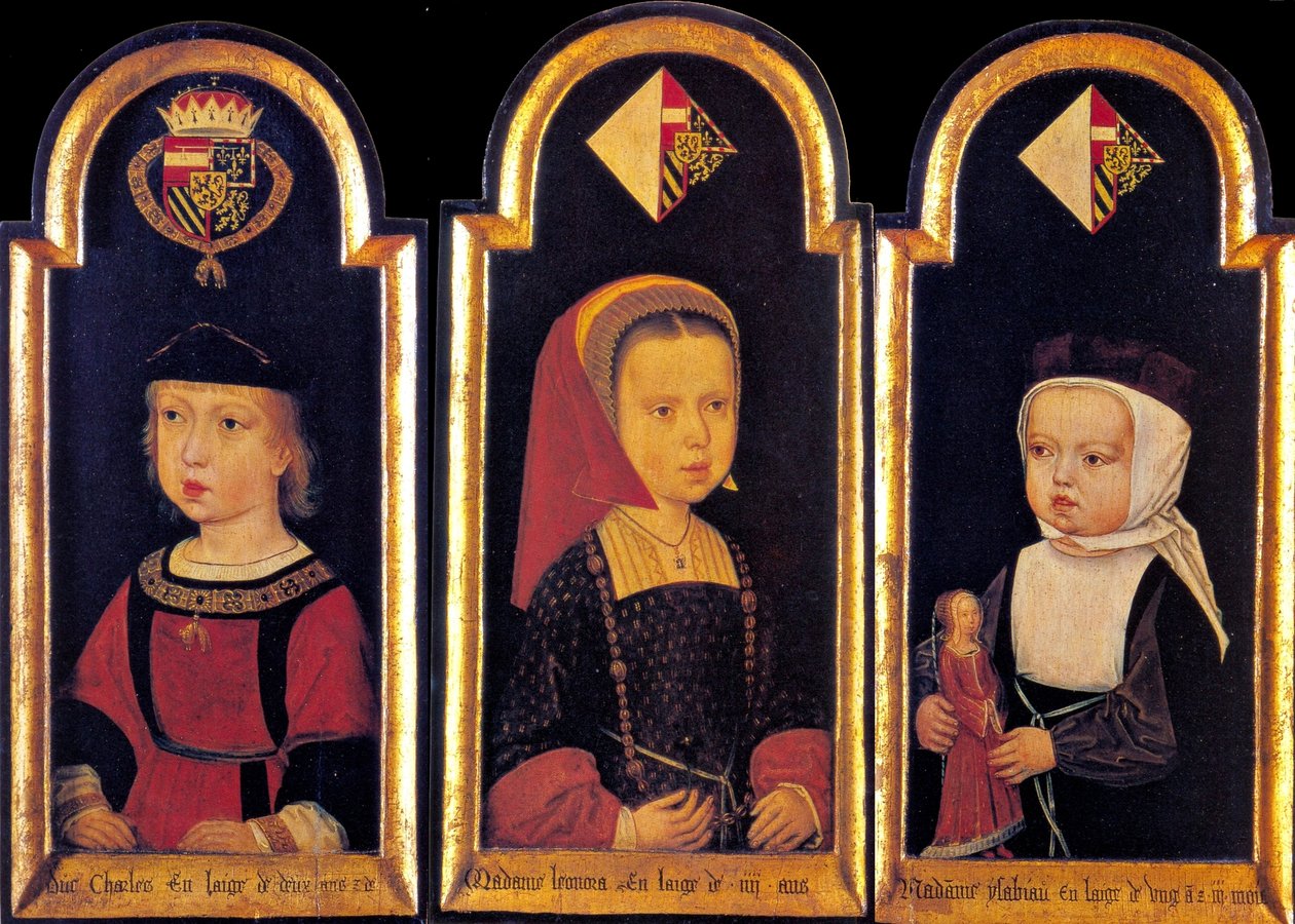 Erkehertug Charles, den senere hellige romerske keiseren Charles V., med søstrene Eleanor og Isabella i en alder av 2 år, 1502 av Master of St.Georgsgilde
