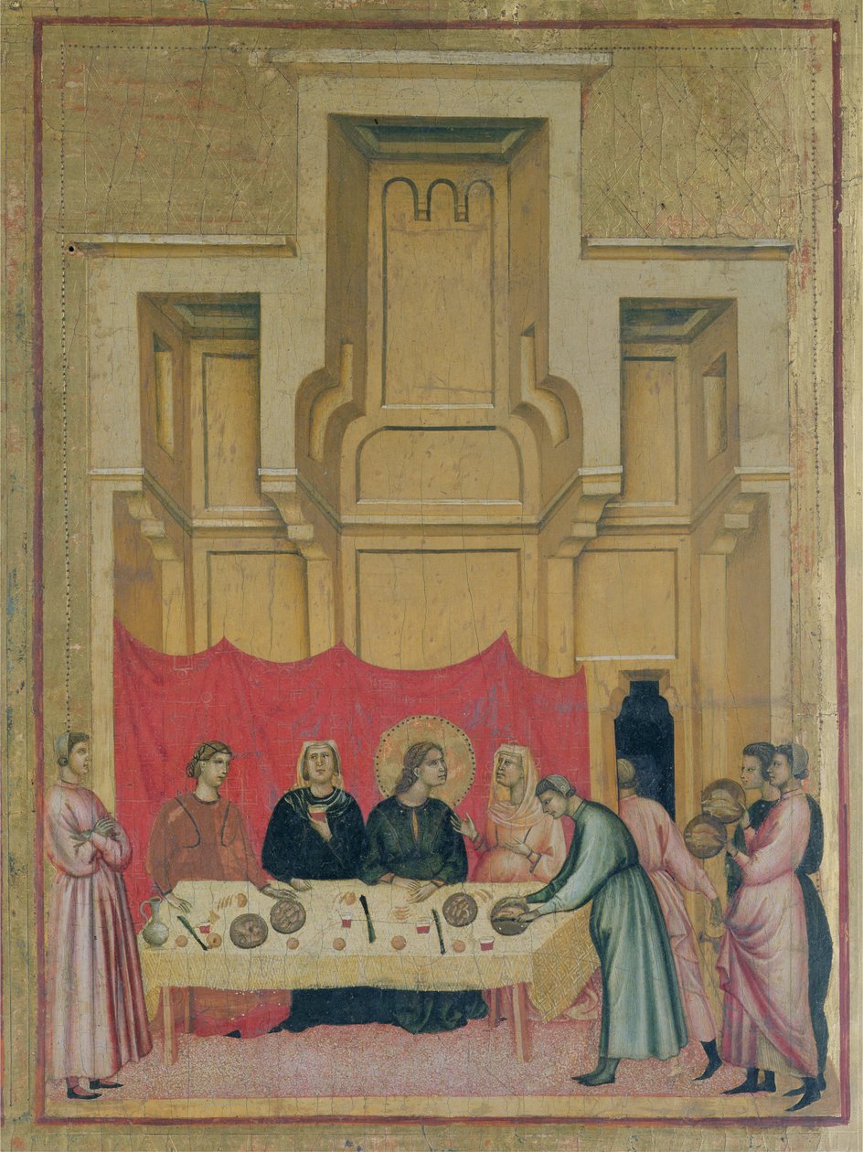 St. Cecilia og scener fra hennes liv; detalj av panelet øverst til venstre som viser St. Cecilia spise ved et bord, ca. 1300 detalj av 50346 av Master of St. Cecilia