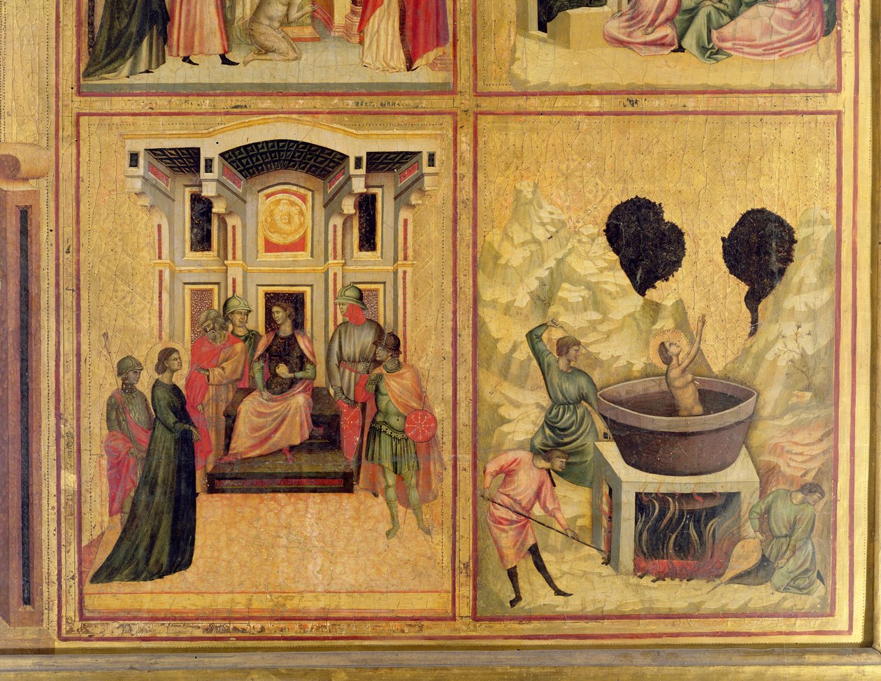St. Cecilia og scener fra hennes liv: to scener som viser St. Cecilia før prefekten til venstre og martyrdøden til St. Cecilia til høyre, ca. 1300 detalj av 50346 av Master of St. Cecilia