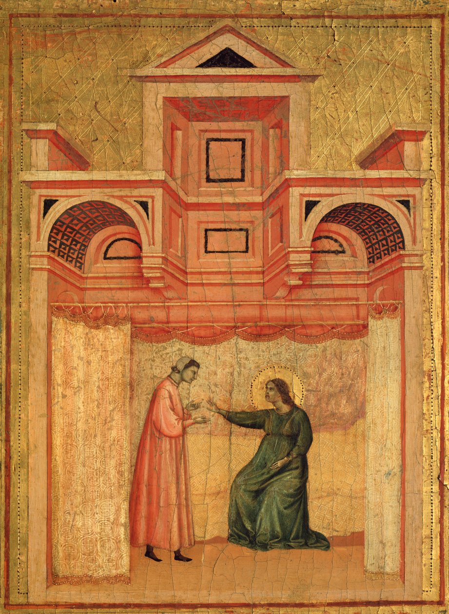 St. Cecilia og historien om hennes liv Detalj: St. Cecilia overtaler ektemannen Valerianus til å døpe - altertavle, ca. 1290-1320 av Master of St. Cecilia