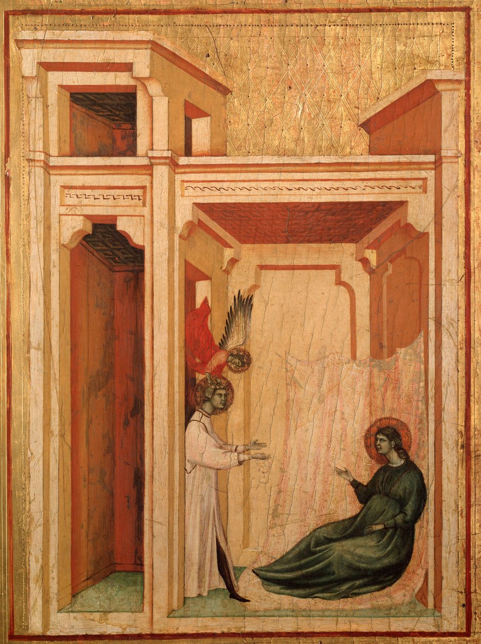 St Cecilia og historien om hennes liv Detalj: Engelen bringer blomster til Valerianus - altertavle, ca. 1290-1320 av Master of St. Cecilia