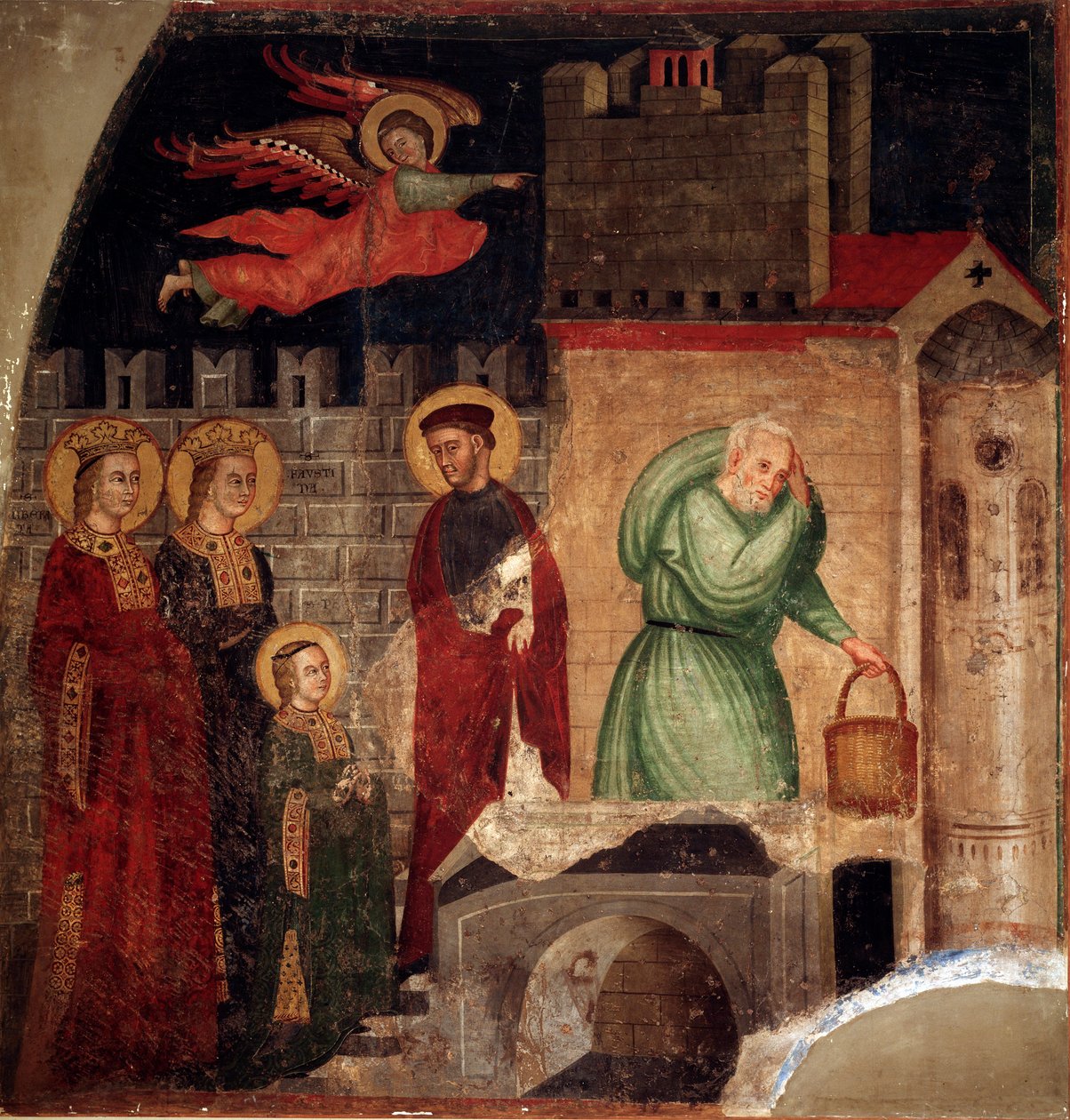 Saint Faustina og Liberate finner tilflukt i et hus i Como (detalj) (Fresco av Master of St Margaret