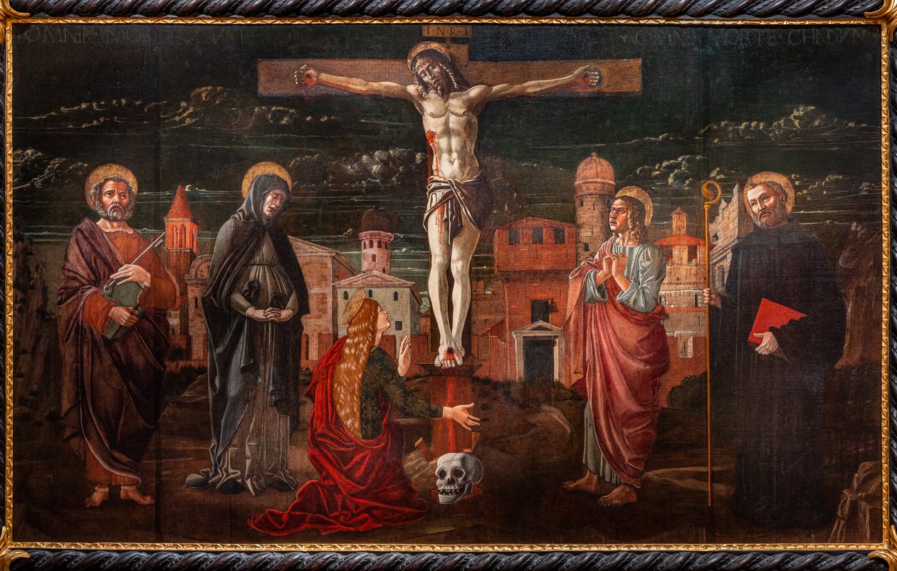 Korsfestet Kristus blant St. Peter, Jomfruen, Maria Magdalena, St. Johannes apostelen og St. Benedikt av Master of St. Peter in Vicenza
