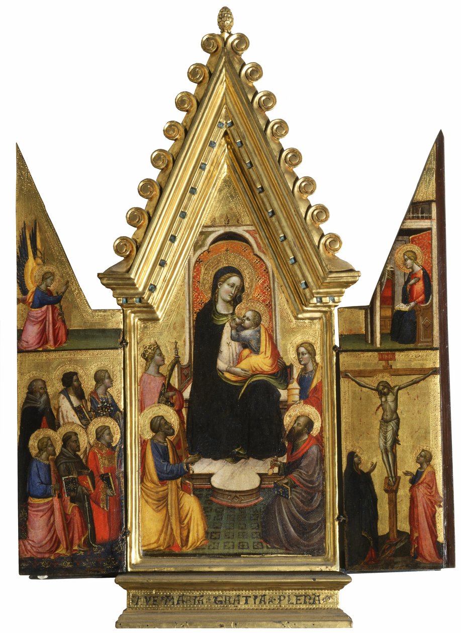 Triptyk: Jomfru Maria og barn med hellige, engler og korsfestelsen av Master of St. Verdiana