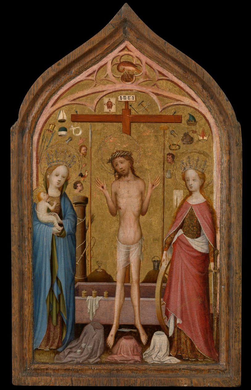Man of Sorrows med Madonna og Saint Catherine of Alexandria (tempera på panel) av Master of St. Veronica