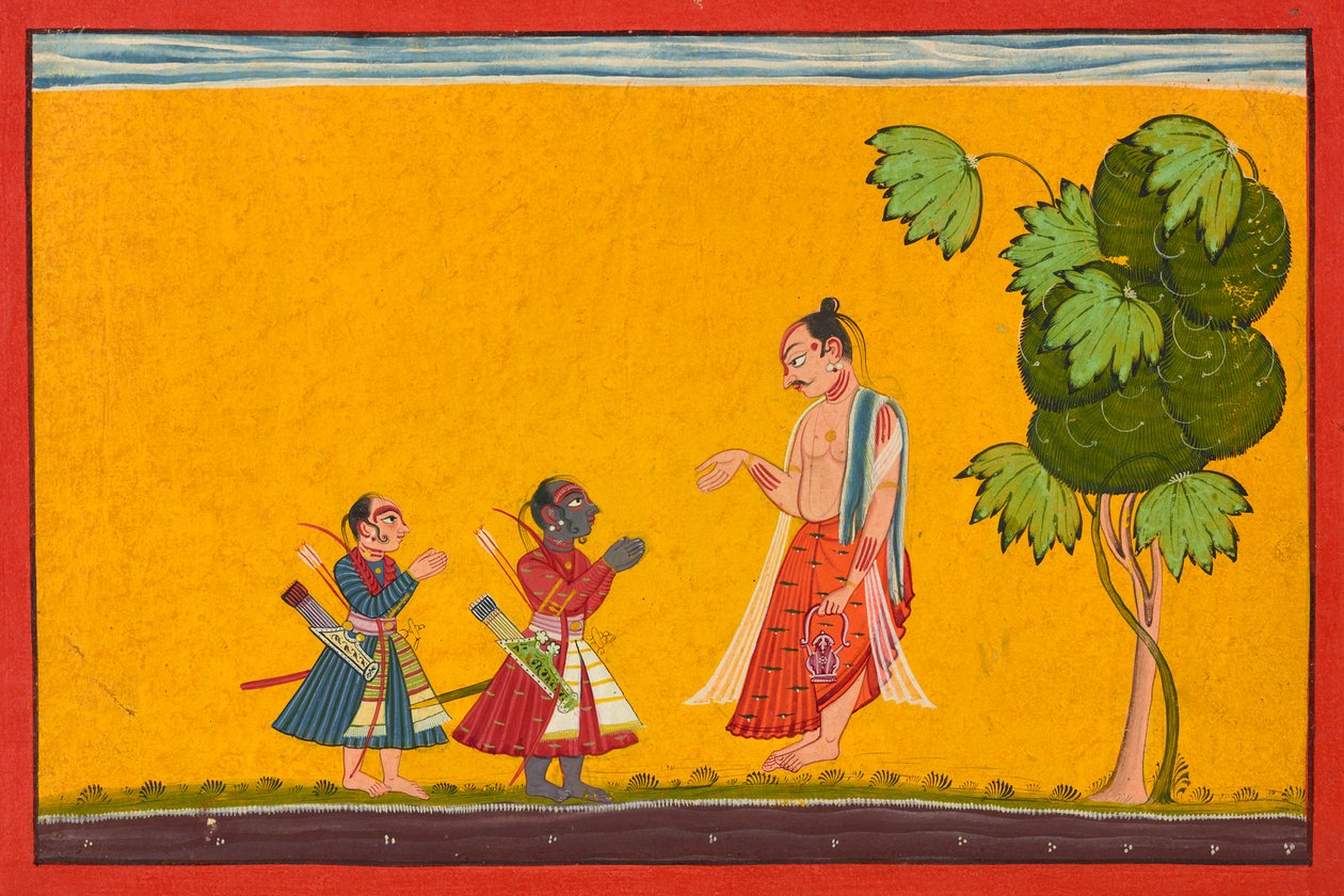 Rama og Lakshman med vismannen Vishwamitra, fra en Ramayana, ka. 1680-1690. av Master of Style II of the