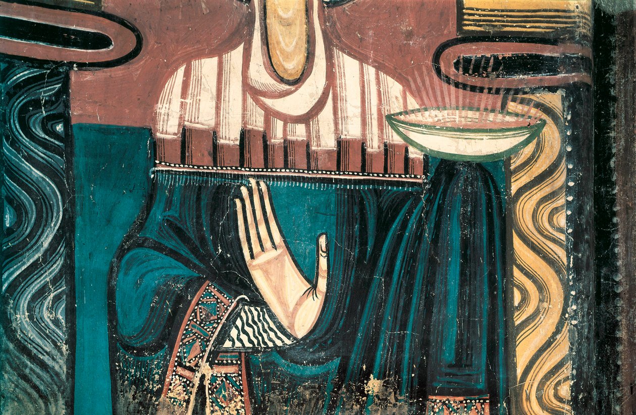 Jomfruen. Detalj. Freske av Mesteren av Saint Clement de Taull. 1123 ca. Fra apsis i kirken Saint Clement de Taull (Sant Climent i Taull). Nasjonalmuseet for kunst i Catalonia, Barcelona. av Master of Tahull