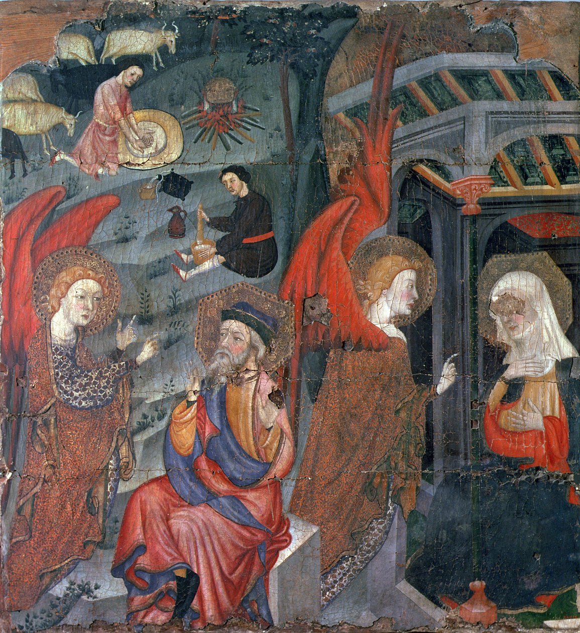 Bebudelsen med hyrder som lager ost i bakgrunnen, fra en altertavle dedikert til Jomfruen, fra Tora, Segarra, Lleida (tempera på panel) av Master of Tora