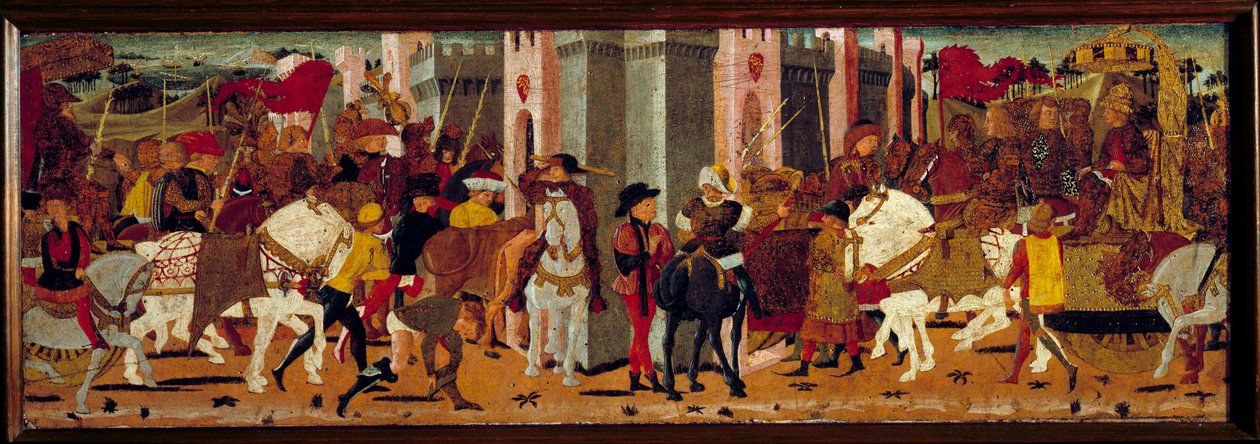 Triumfinngang for den romerske keiseren Vespasian (9-79) og hans sønn Titus til Roma. Detrempe på tre av Master De Tournon De Sainte Croix av Master of Tournon de Sainte Croix
