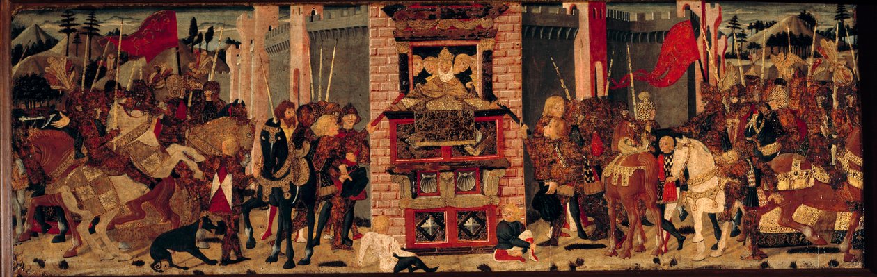 Ovenpå tar Didon imot ambassadørene til Enee til Troy. Detrempe på tre av Master De Tournon De Sainte Croix av Master of Tournon de Sainte Croix