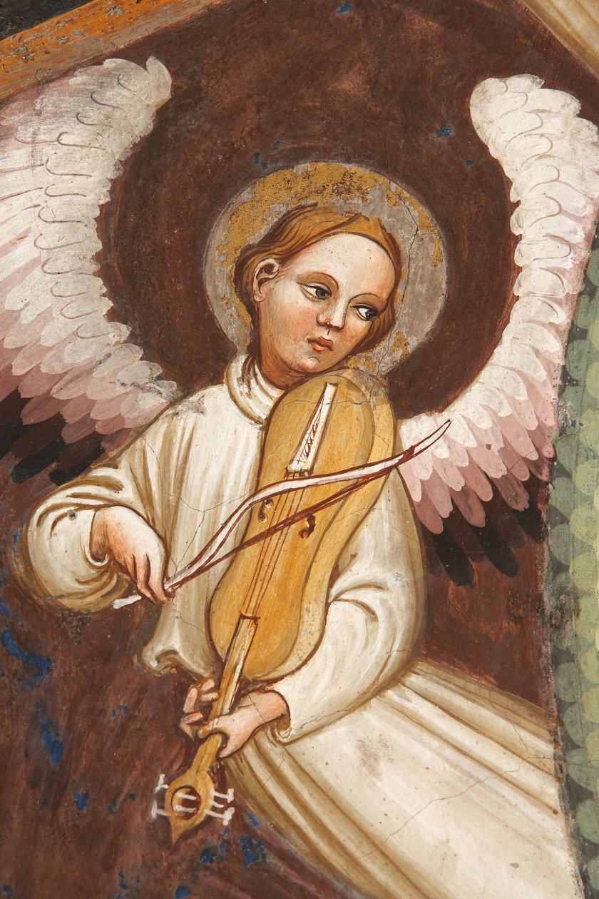 "Jomfruens himmelfart" og "Jomfru Maria som slipper beltet eller det hellige belte til St. Thomas", Detalj av en engel som spiller musikk og en fiolin, ca. 1420 (fresko) av Master of Vignola