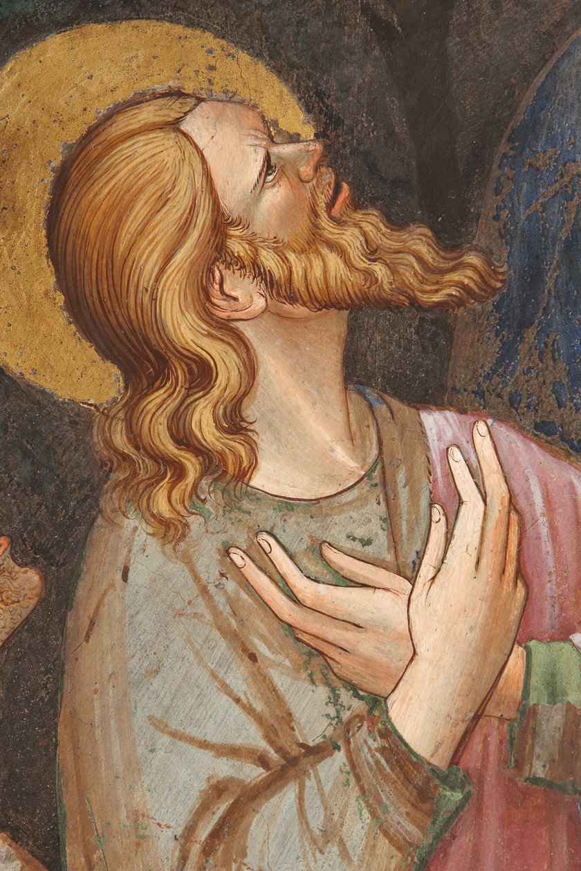 "Jomfruens himmelfart" og "Jomfru Maria slipper belte eller hellig belte til St. Thomas", Detalj av en apostel, ca. 1420 (fresco) av Master of Vignola