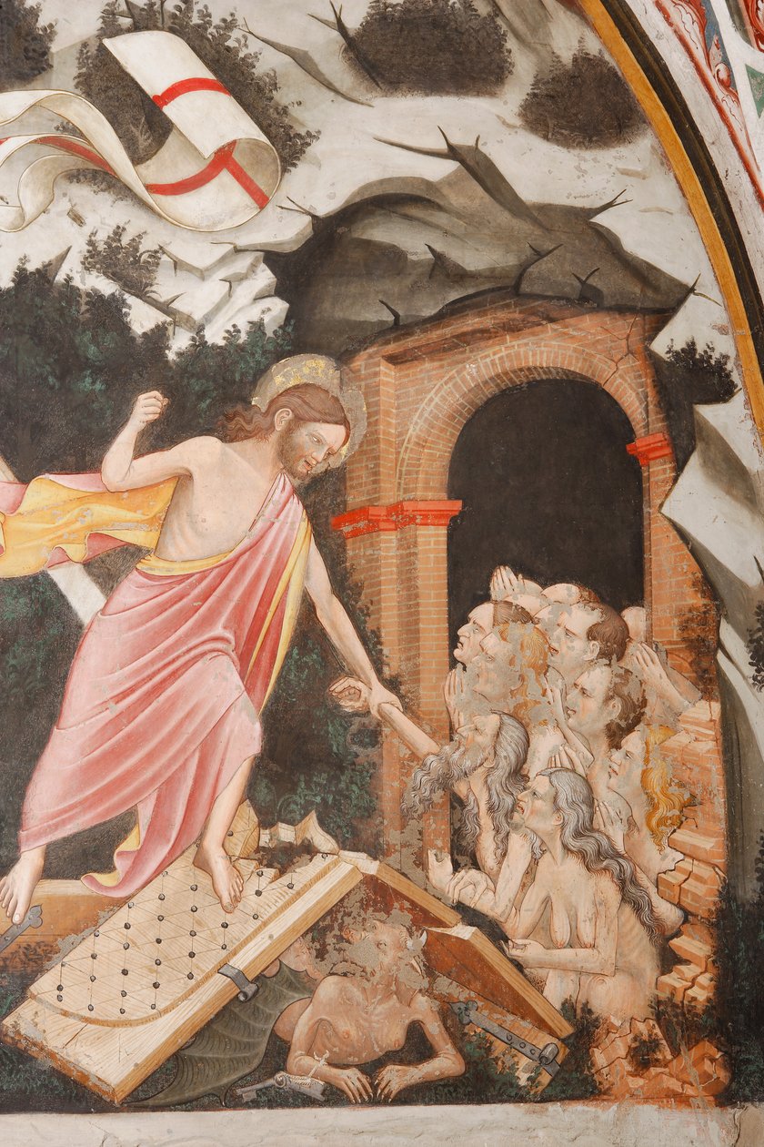 "Resurrection" og "Descent into Limbo", Detalj av "Descent into Limbo": Jesus tar Adams hånd. Ved Kristi føtter, helvetes porter og djevelens skikkelse på bakken, ca. 1420 (fresco) av Master of Vignola