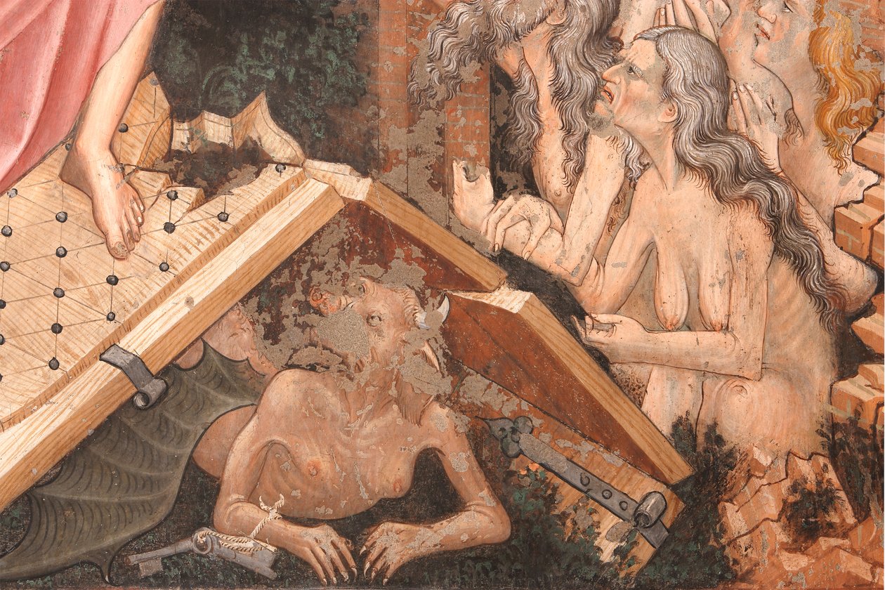"Resurrection" og "Descent into Limbo", Detalj av "Descent into Limbo": portene til helvete og figuren til djevelen på bakken, ca. 1420 (fresco) av Master of Vignola