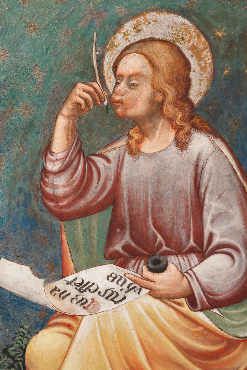 "St Matthew the Evangelist" skriver "Da Jesus ble født", ca. 1420 (fresco) Detalj, ca. 1420 (fresco) av Master of Vignola