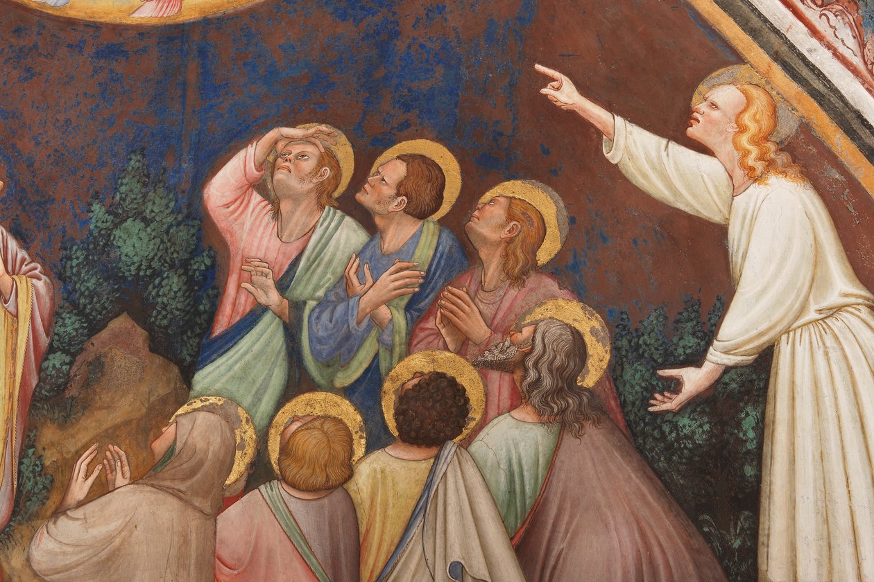 "The Ascension of Christ", Detalj med mannsfigurer og helgener, ca. 1420 (fresco) av Master of Vignola