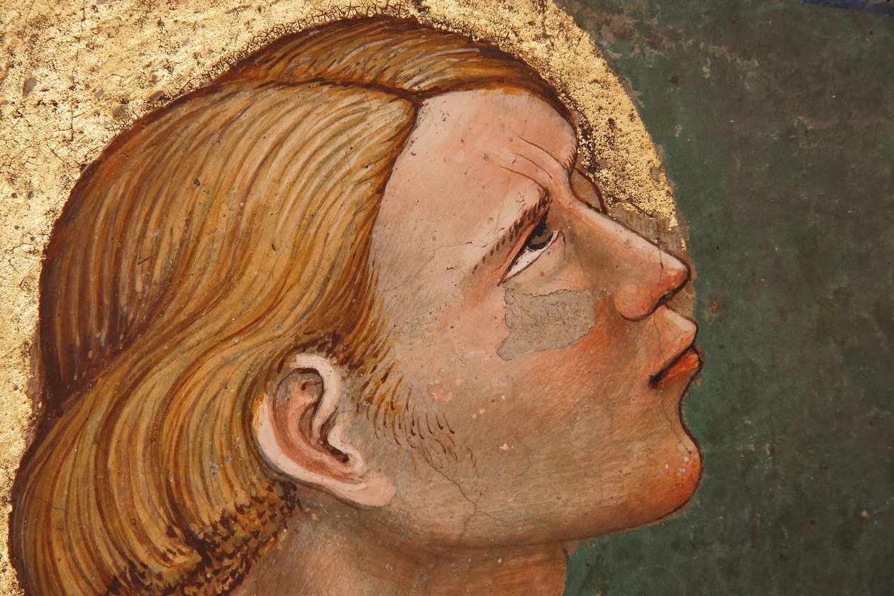 "Pinsen", Detalj med en bedende helgen, ca. 1420 (fresco) av Master of Vignola
