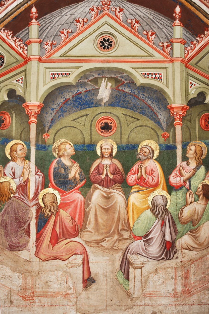 "Pinsen", Detalj med bedende helgener og jomfru Maria, og duen, ca. 1420 (fresco) av Master of Vignola