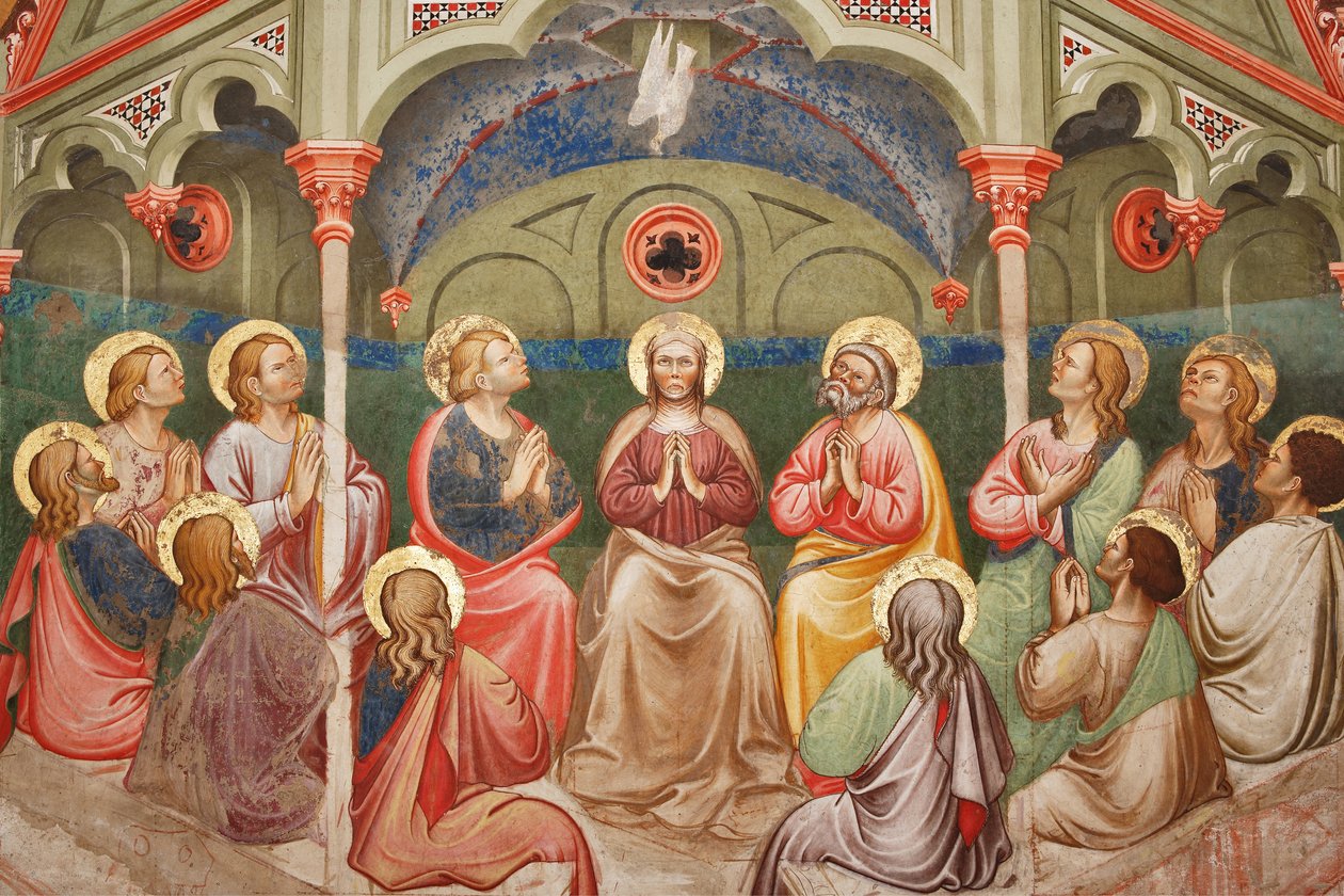 "Pinsen", Detalj med bedende helgener og jomfru Maria, og duen, ca. 1420 (fresco) av Master of Vignola