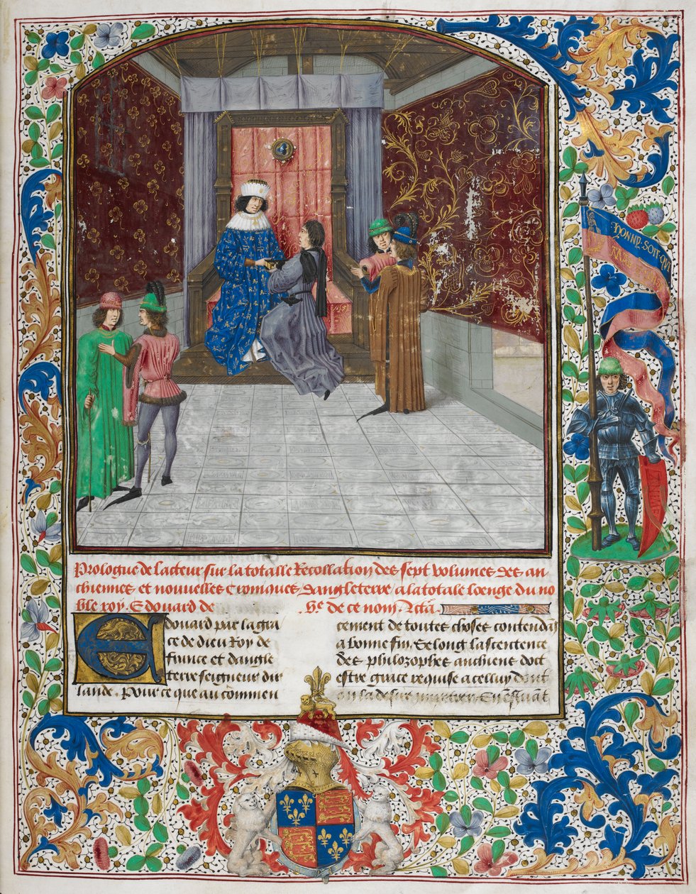 Edward IV tronet, iført rekkefølgen av det gylne skinn, og mottok boken fra Jean Wavrin, fra 