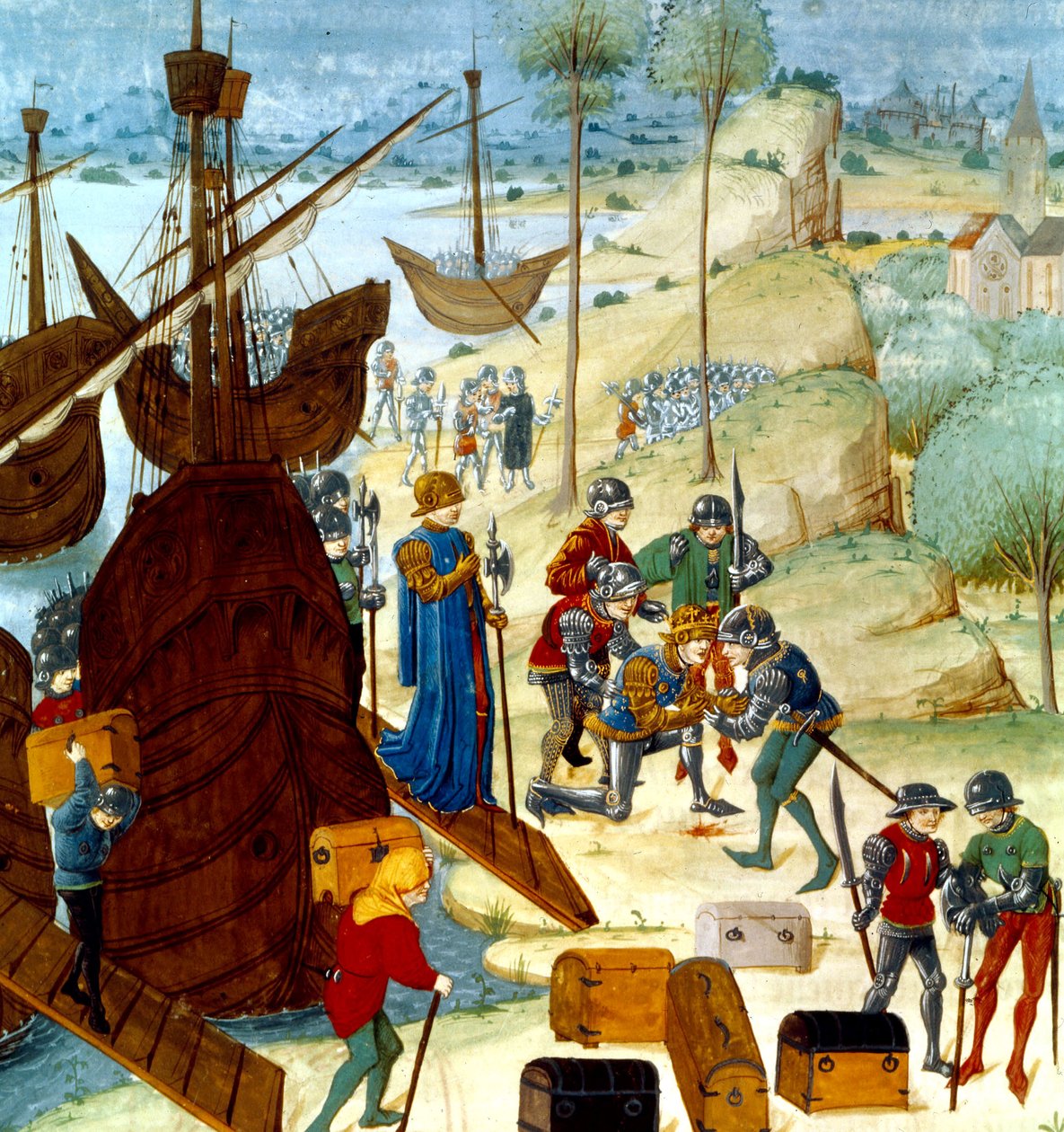 Kong Edward III ankom Saint Vaast La Hogue 12. juli 1346, illustrasjon fra Chroniques dAngleterre av Master of Wavrin
