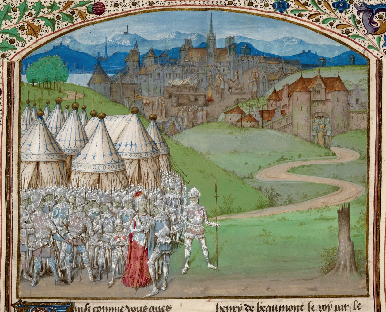 Royal 15 E. IV f.316v Dronning Isabella og hennes hær med inndelingen av kroppen til Hugh le Despenser i bakgrunnen, illustrasjon fra 