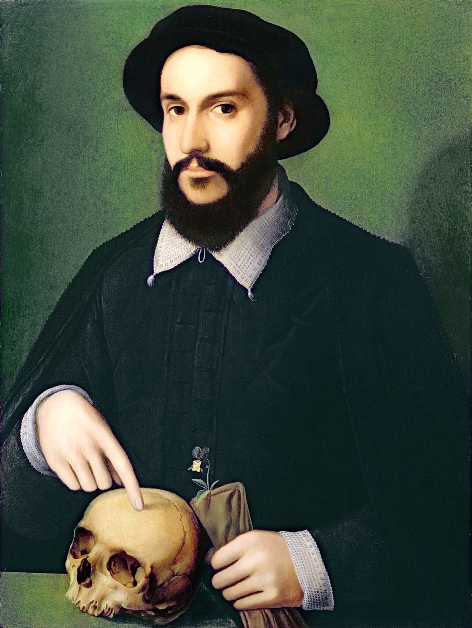 Portrett av en gentleman med høyre hånd peker på en hodeskalle, ca. 1540 av Master of the 1540s