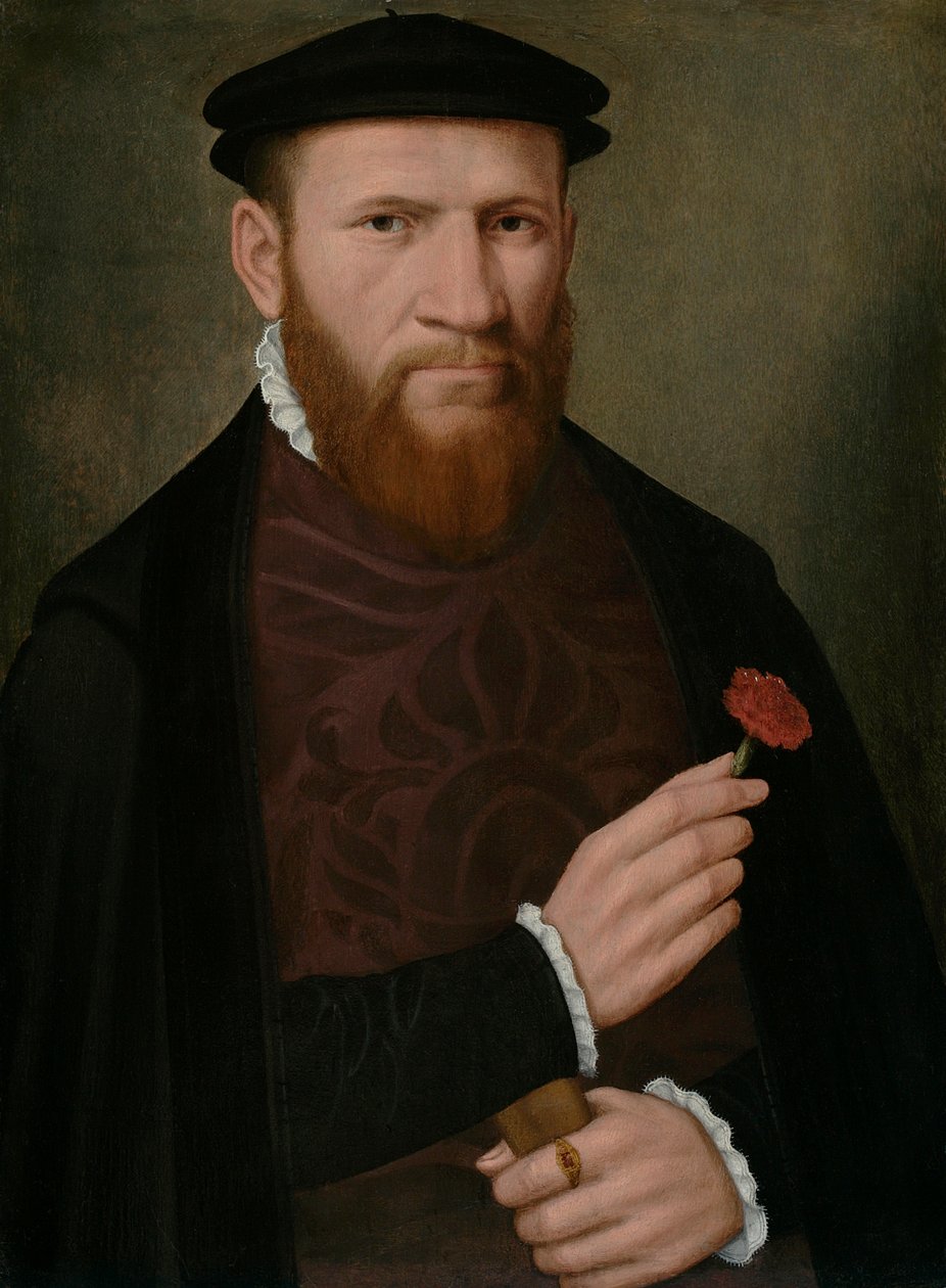 Portrett av en mann med høyre hånd som holder en rød nellik og i venstre en hanske, 1540-51 av Master of the 1540s