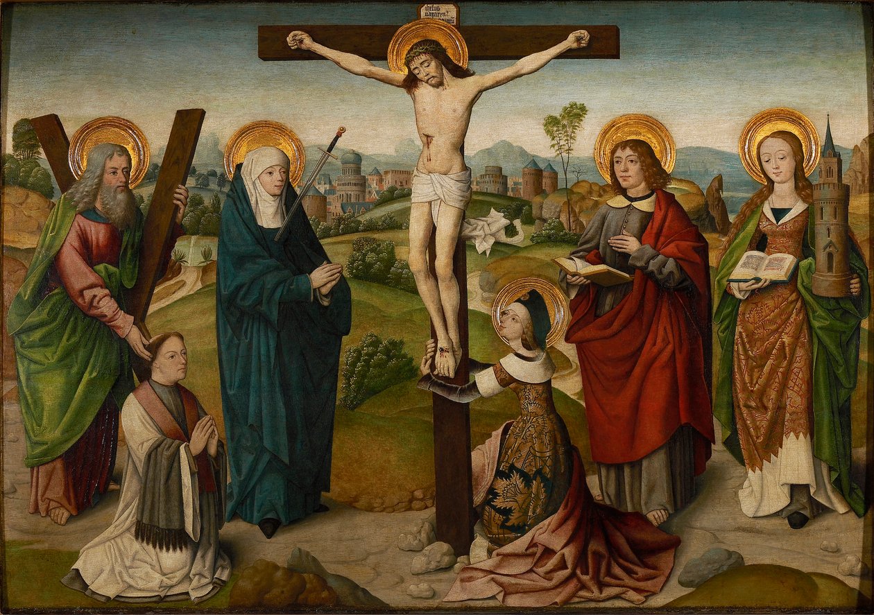 Korsfestelsen med hellige og donatorer, ca. 1490-1495. av Master of the Aachen Cabinet Doors