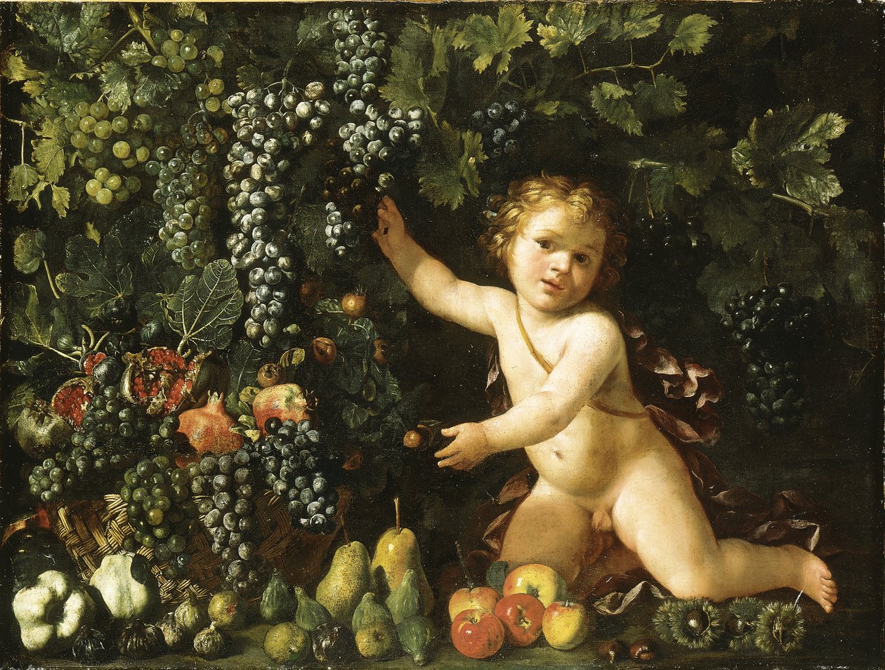 Druer på vintreet, granatepler, druer og nyper i en kurv, med fiken, epler, pærer og kastanjer av en putto av Master of the Acquavella Still Life