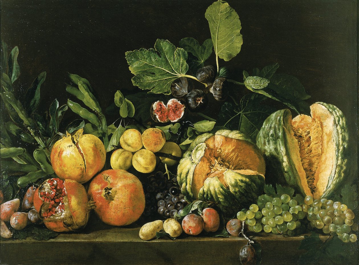 Granatepler, meloner, druer, fersken, fiken og annen frukt på en steinhylle av Master of the Acquavella Still Life