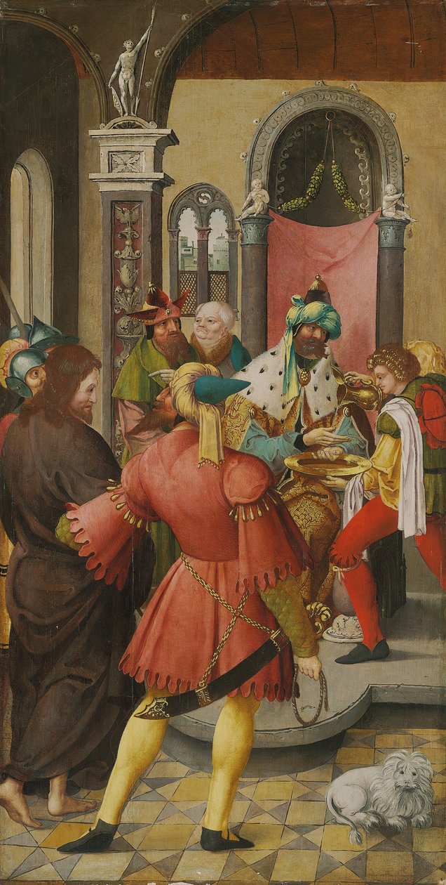 Vingen til en altertavle: Kristus før Pilatus av Master of the Antwerp Adoration