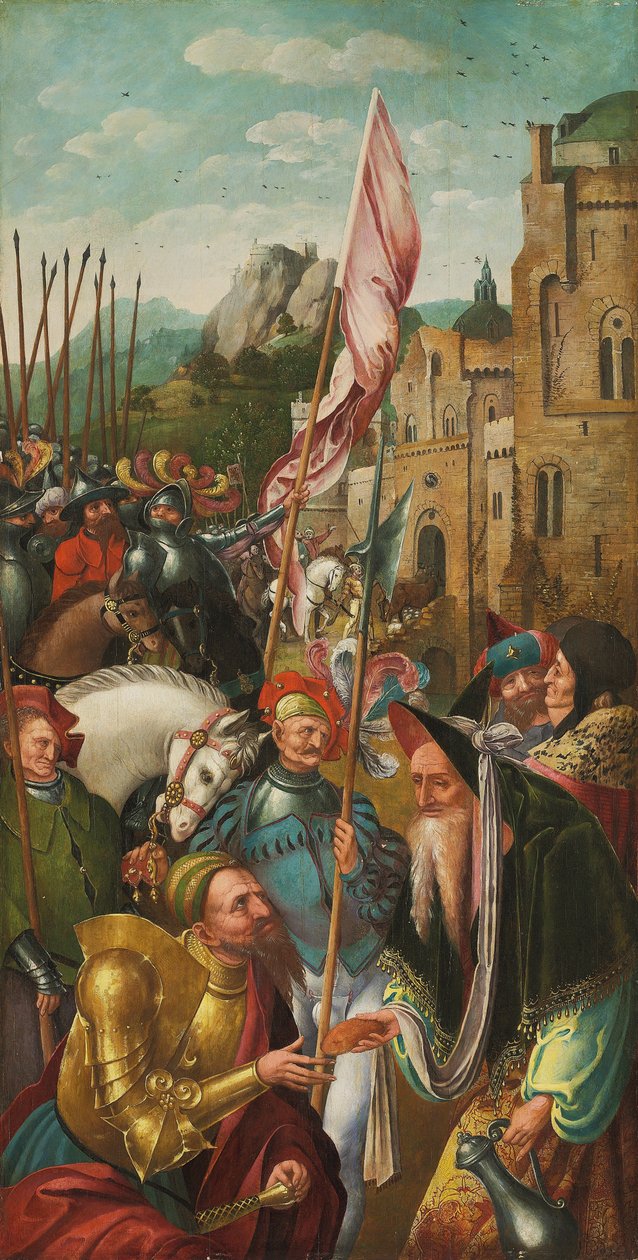 Vingen til en altertavle: møtet mellom Abraham og Melkisedek av Master of the Antwerp Adoration