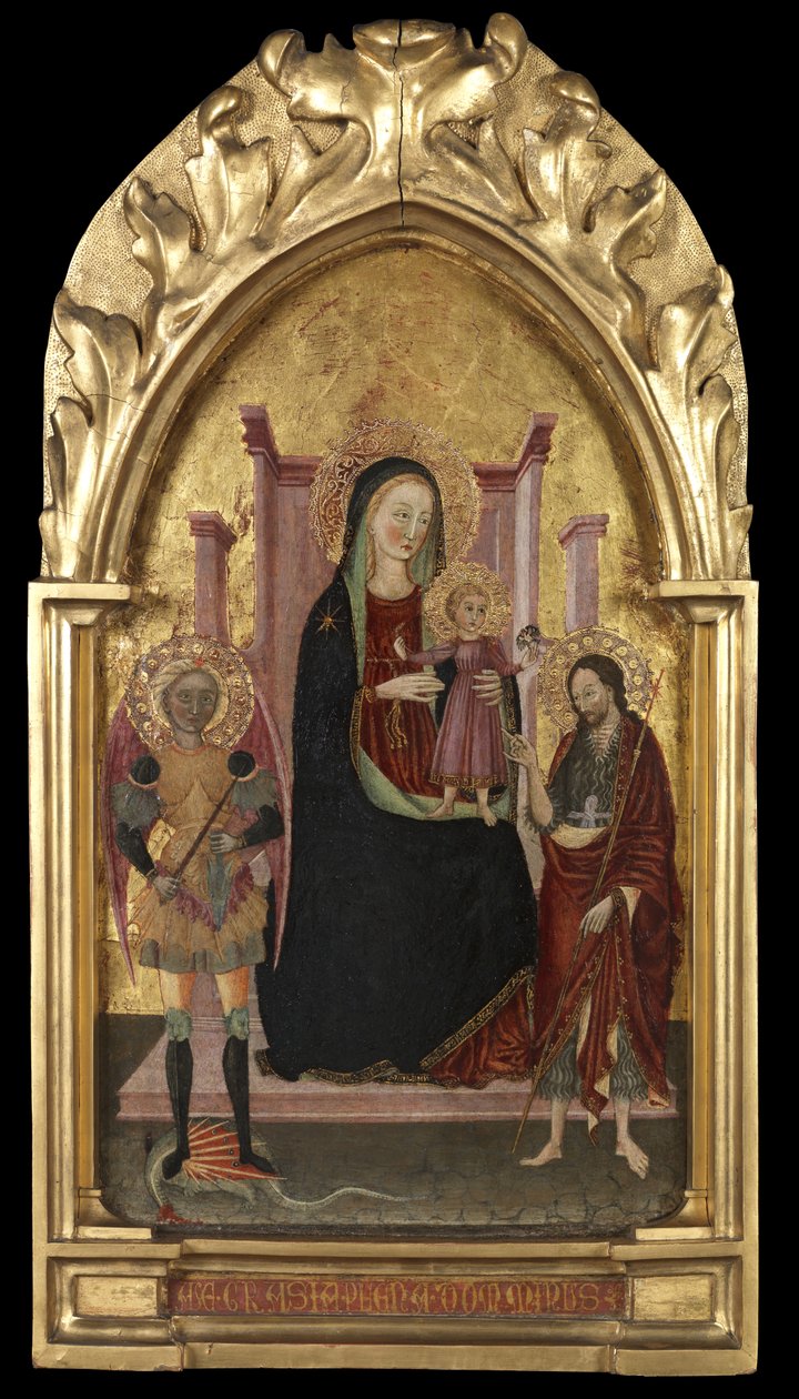 Jomfru og barn på tronen med den hellige Mikael og døperen Johannes, ca. 1440-70 av Master of the Arcetri Altarpiece