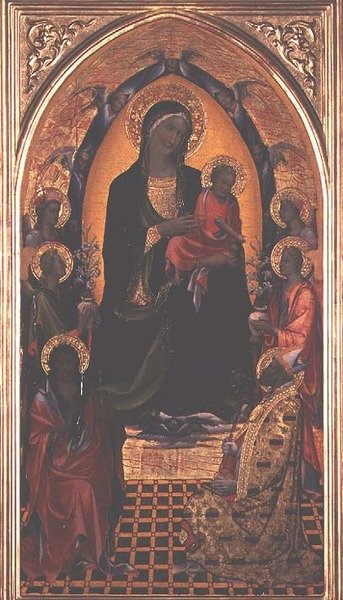Madonna og barn med døperen Johannes og St. Nikolas av Myra (tempera på panel) av Master of the Bambino Vispo