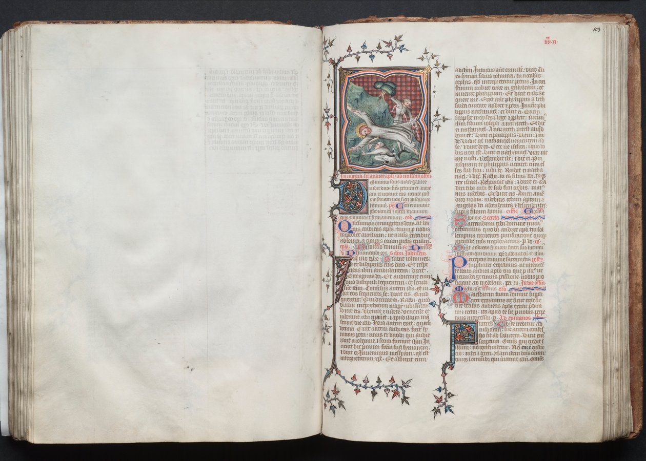 The Gotha Missal: Fol. 103r, St. Andrew blir bundet til korset, ca. 1375. av Master of the Boqueteaux