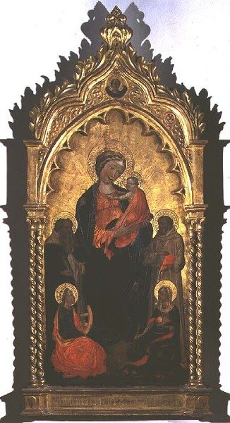 Madonna og barn med hellige (tempera på panel) av Master of the Borgo alla Collina