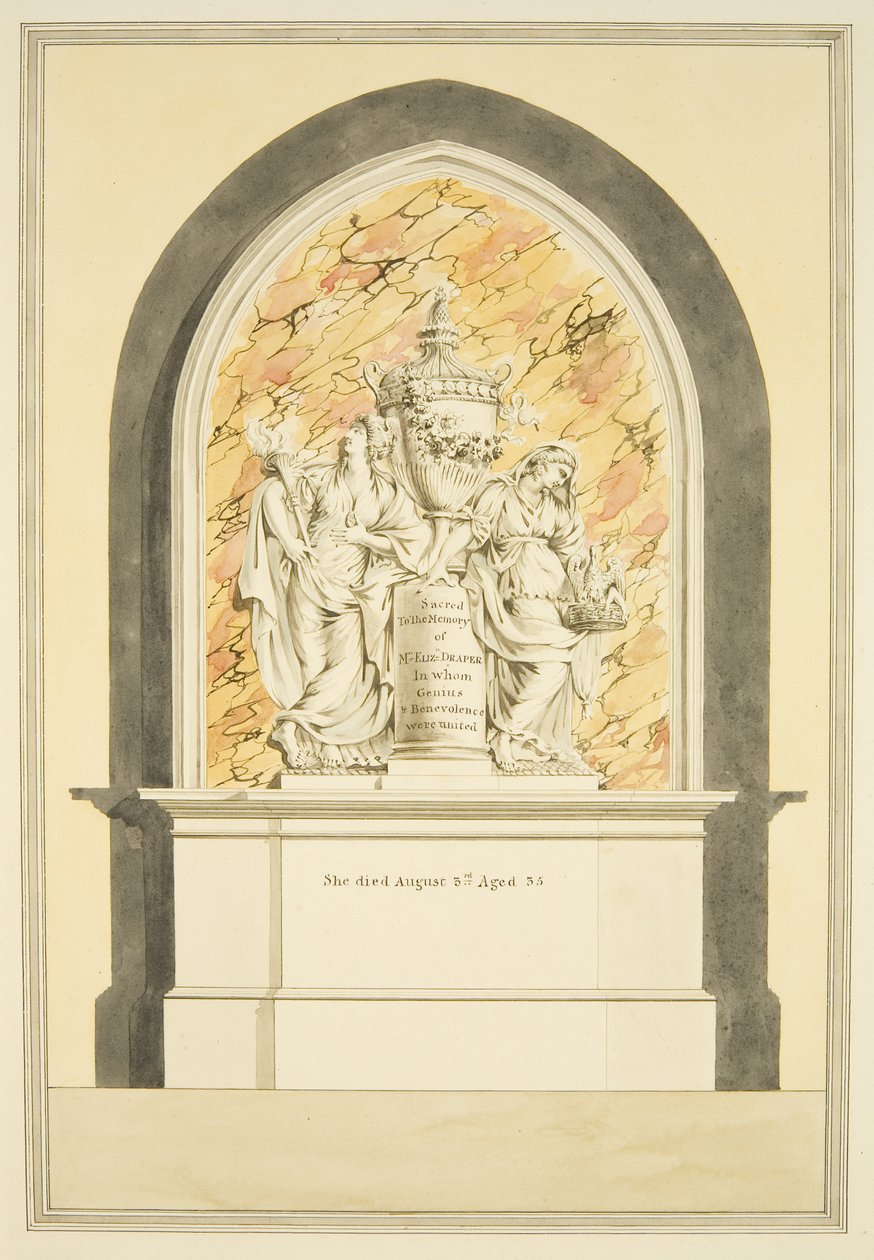 Tomb of Mrs. Elizabeth Draper, død 1835, i Bristol Cathedral (akvarell på papir) av Master of the Bristol Church Monuments