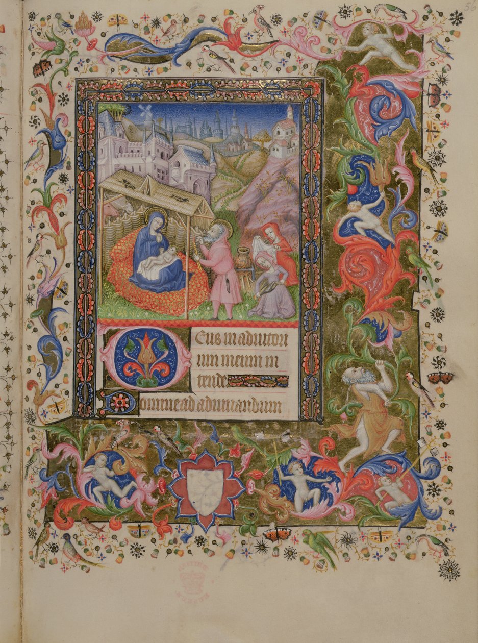 Legg til 29433 f.56 Nativity, from a Book of Hours, c.1407 (vellum) (se også 16338 & 16339) av Master of the Brussels Initials