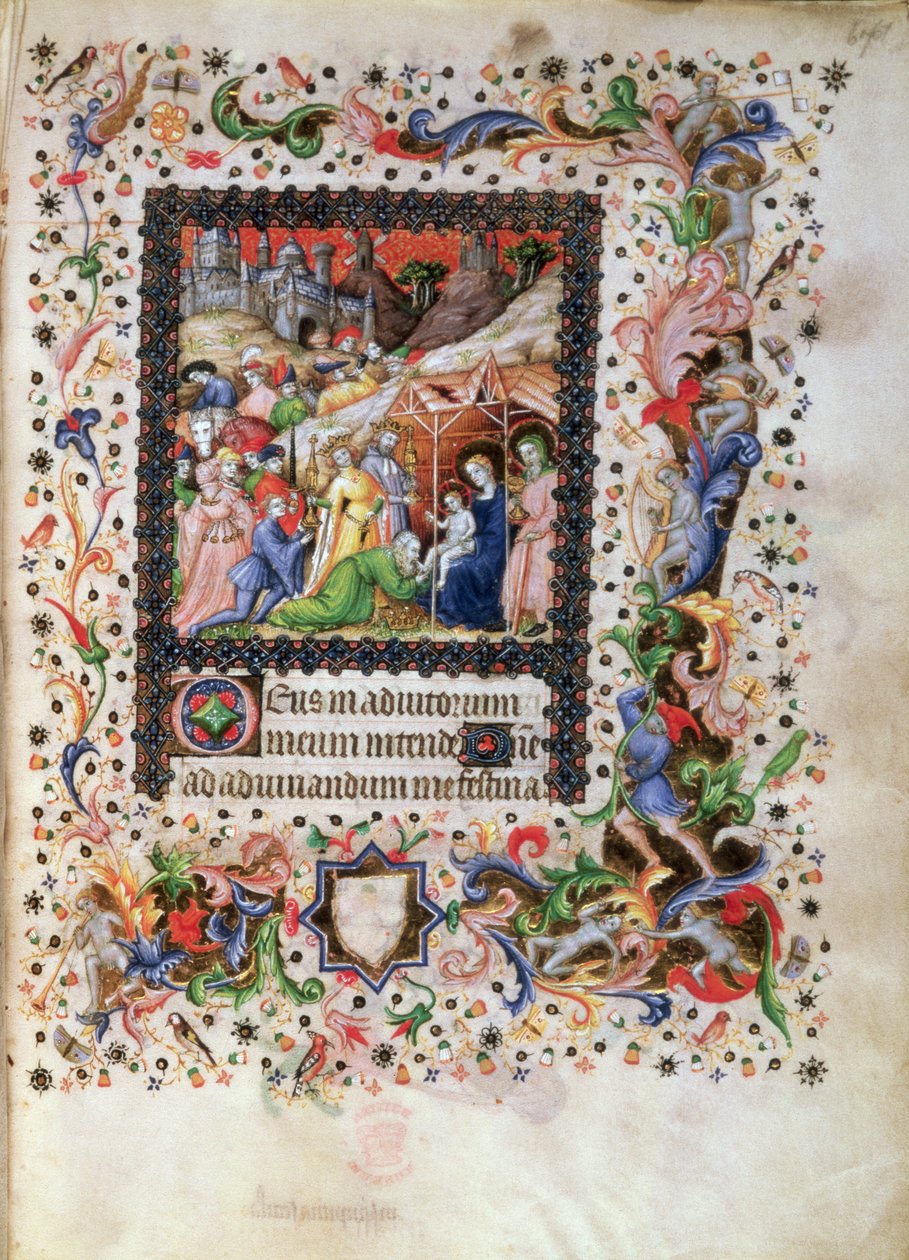 Legg til 29433 f.67 Adoration of the Child, fra en timebok, ca. 1407 (vellum) av Master of the Brussels Initials