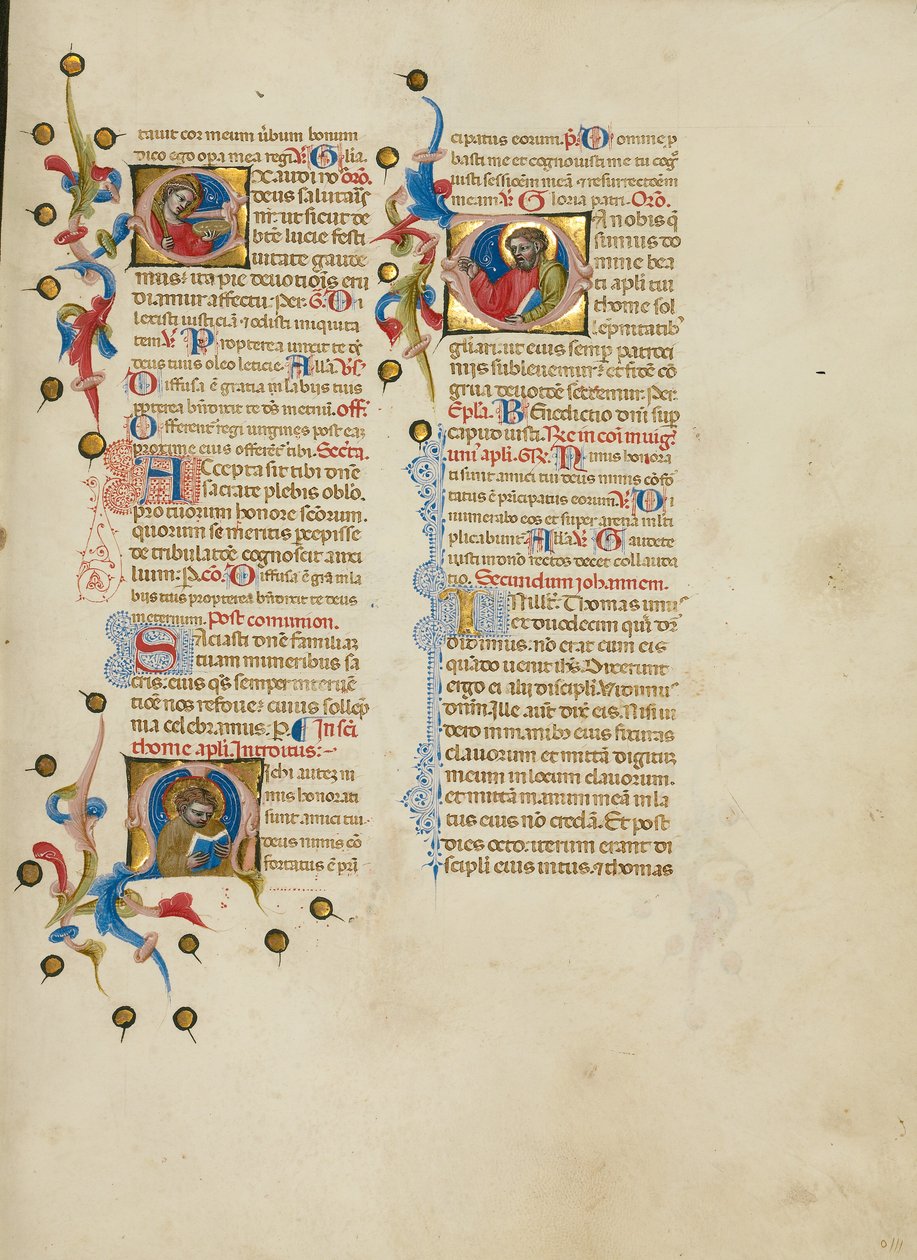 Initial E: Sankt Lucia; Initial M: Sankt Thomas; Initial D: Sankt Thomas forkynner av Master of the Brussels Initials
