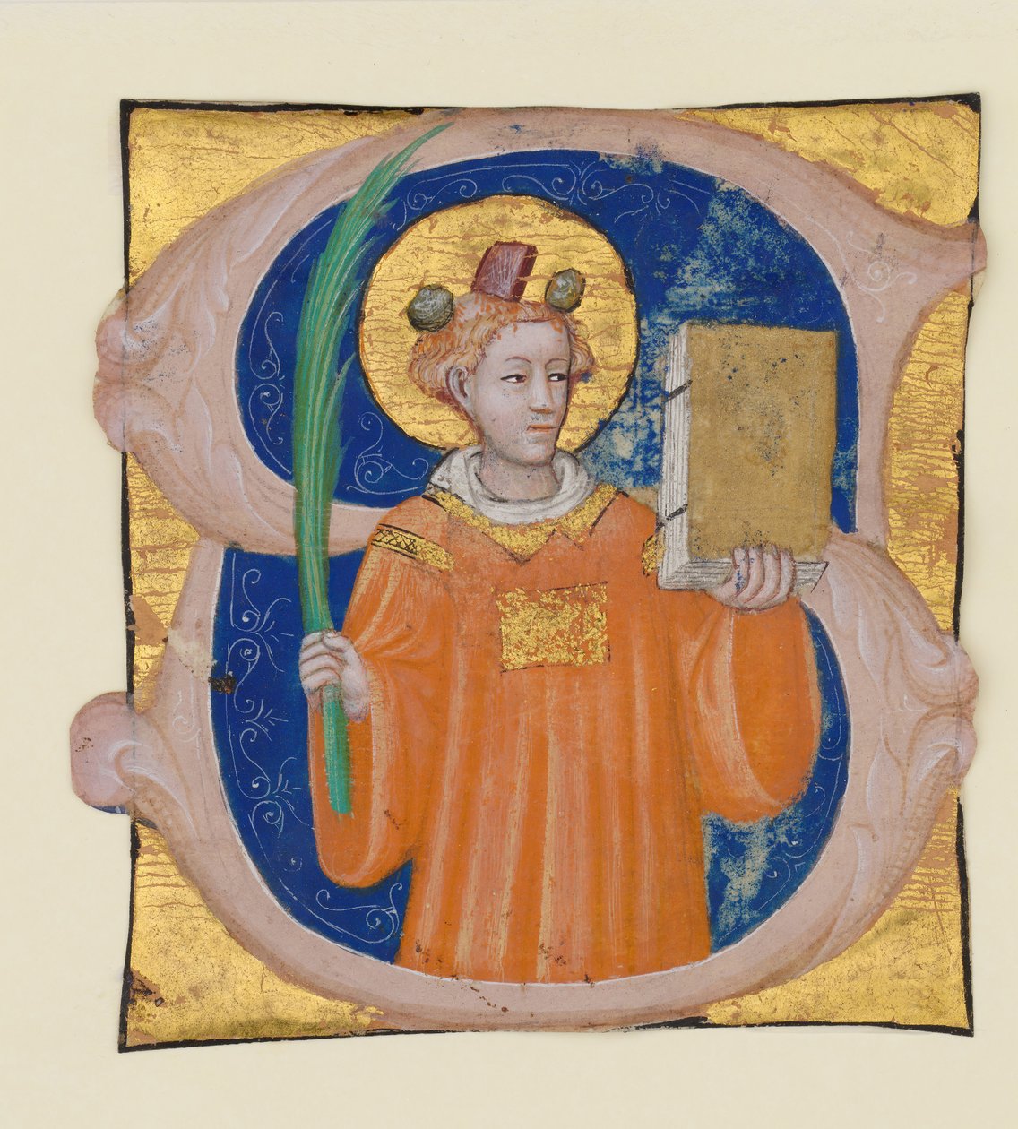 Manuskriptbelysning med Saint Stephen i en innledende S, fra en Antiphonary, italiensk, ca. 1410-2 av Master of the Brussels Initials