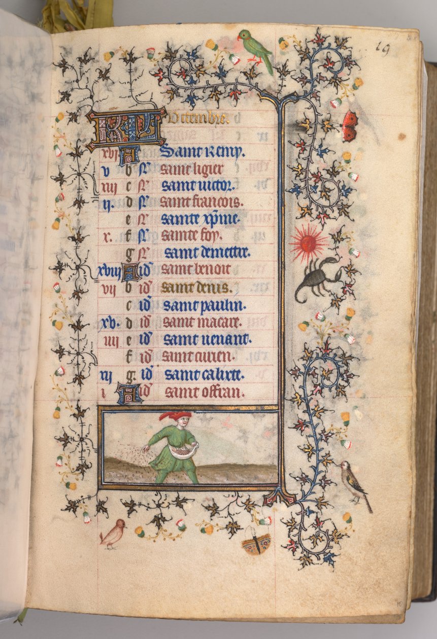 Timer for Karl den adelige, konge av Navarra 1361-1425: fol. 10r, oktober, ca. 1405. av Master of the Brussels Initials and Associates