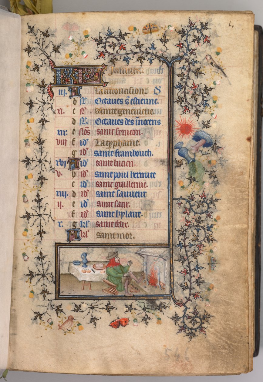 Timer for Karl den adelige, konge av Navarra 1361-1425: fol. 1r, januar, ca. 1405. av Master of the Brussels Initials and Associates